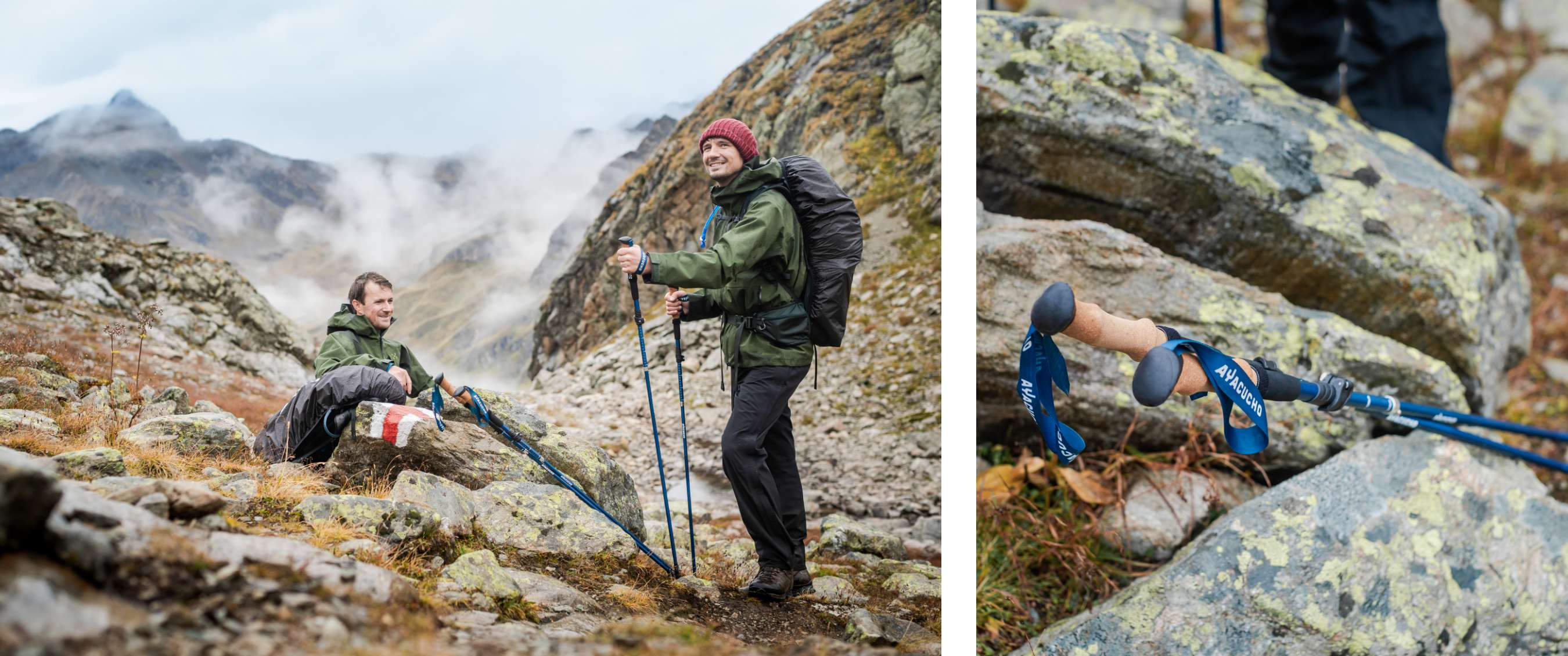 Twee beelden: Twee wandelaars met rugzakken en trekkingstokken op rotsachtig bergpad, rechts een close-up van trekkingstokhandgrepen op een rots.